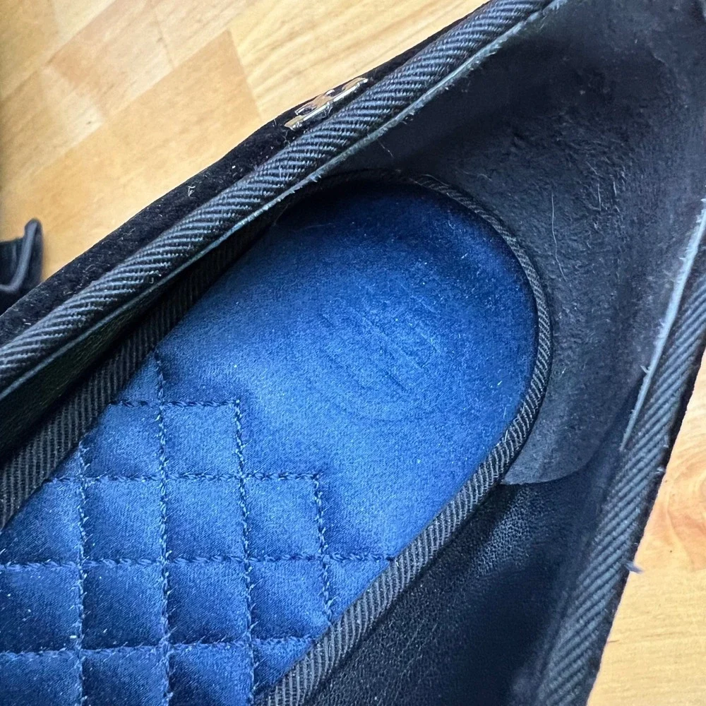 Tory Burch Loafers Gigi Navy Blue Velvet Bow Pointed Toe Slip On Flats Shoes 7.5